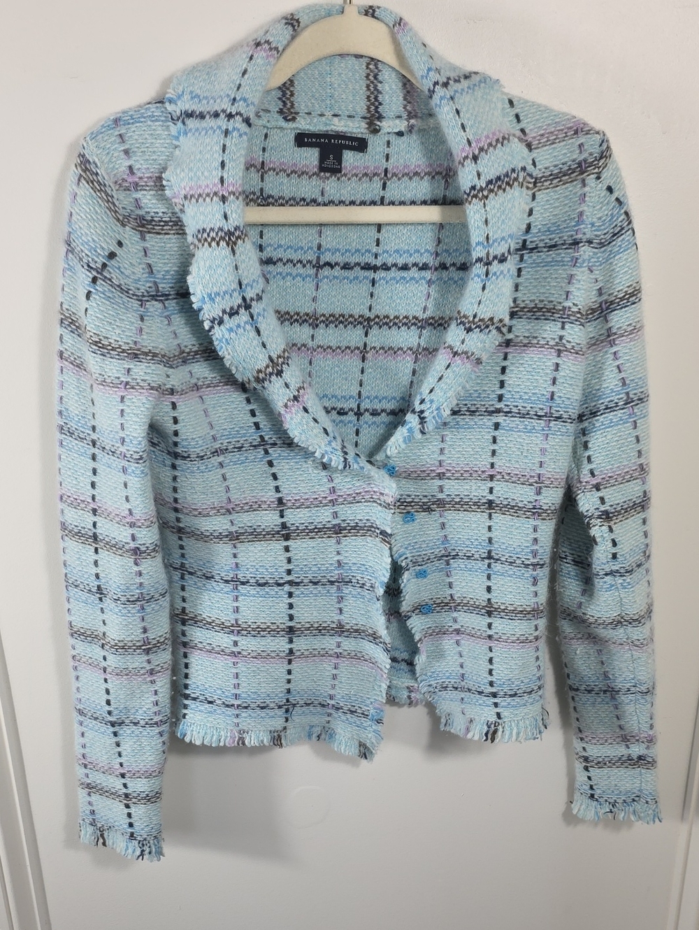 Banana Republic Pastel Blue Plaid Knit Cardigan with Lavender Accents